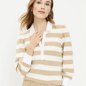 LOFT Striped Puff Sleeve Polo Rugby Shirt in Desert Dune sz Large